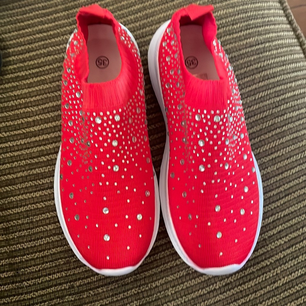Red Silver Bling Slip-Ons.